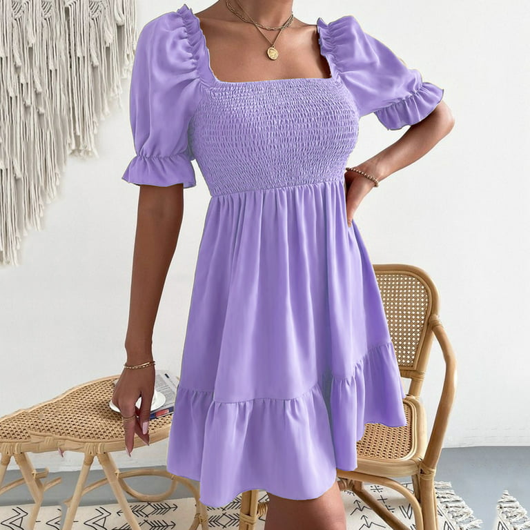 Finelylove Sorority Formal Dress Petite Formal Dresses For Women V-Neck  Solid Short Sleeve Cocktail Purple