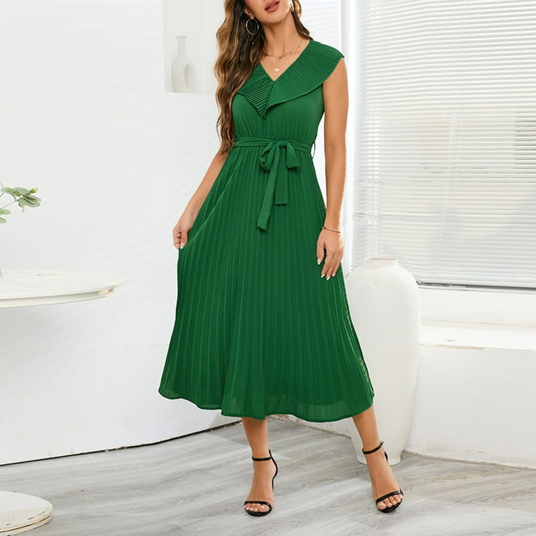 Finelylove Spring Midi Dresses For Women Bump Friendly Dress V-Neck Solid  Sleeveless Peplum Green