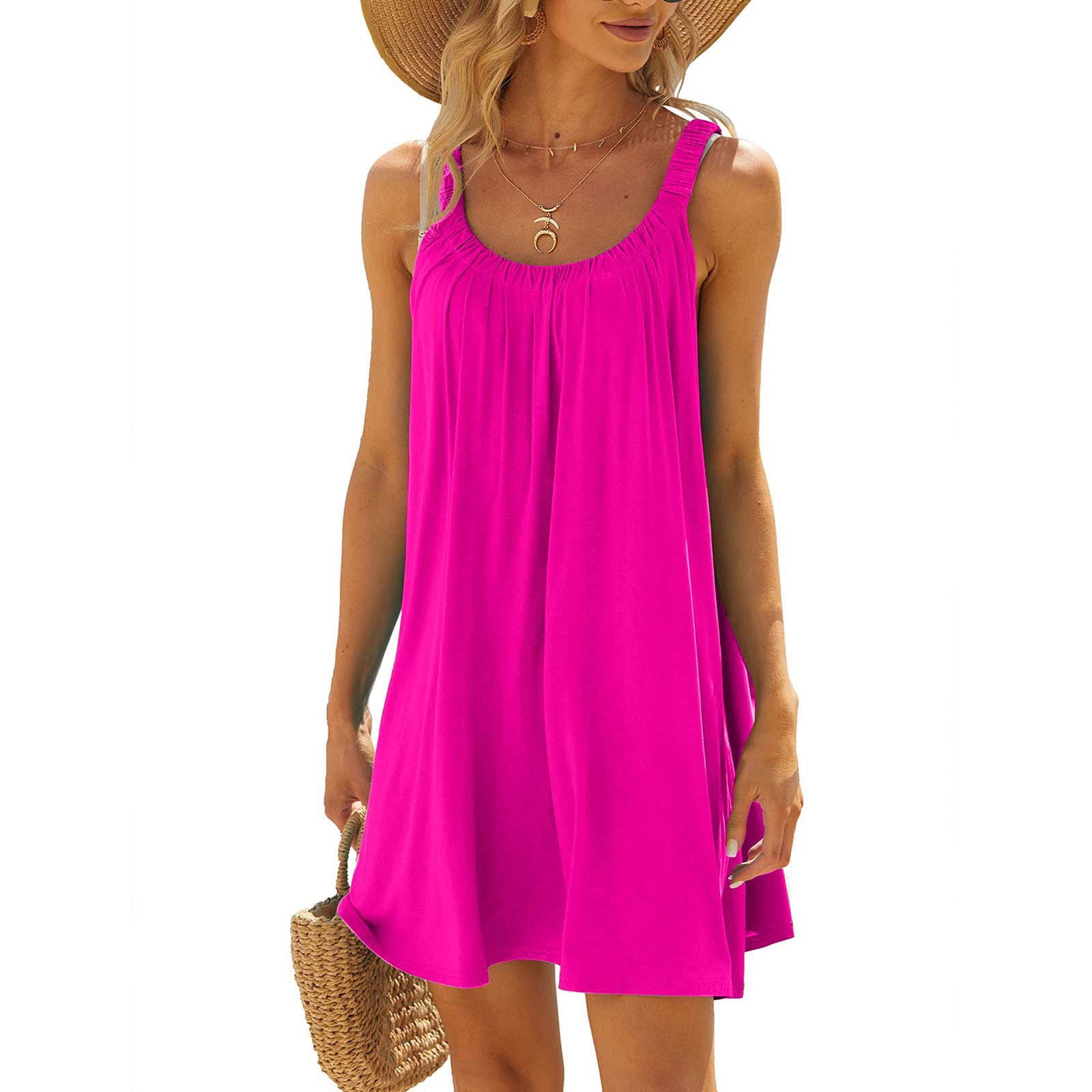 Finelylove Sundresse For Woman Dresses That Hide Belly Fat Crew Neck Solid  Sleeveless Shirt Dress Hot Pink L