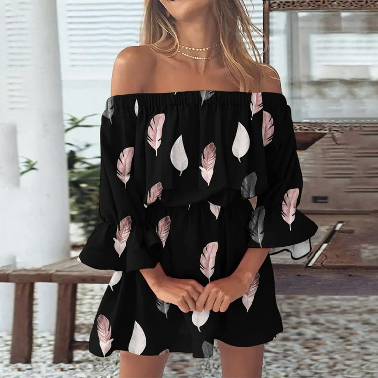 Finelylove Sundresse For Woman Dresses That Hide Belly Fat V-Neck Printed  Short Sleeve Bodycon Black