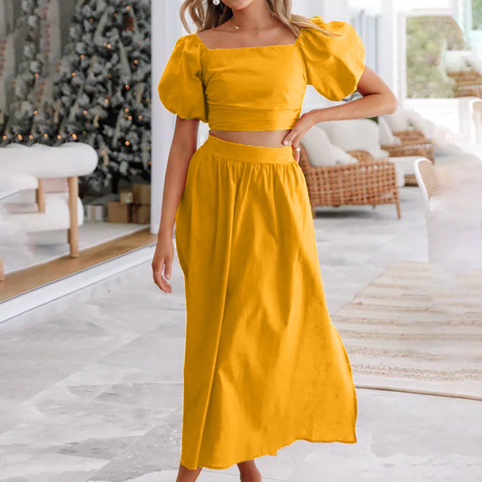 Finelylove Sundresse For Woman Dresses That Hide Belly Fat V-Neck Printed  Short Sleeve Mini Yellow 