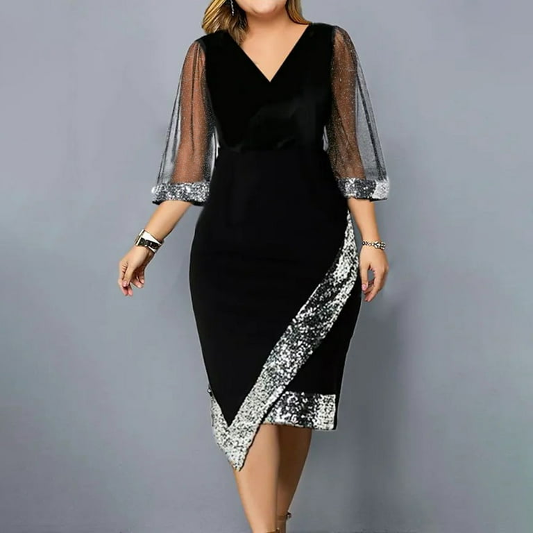 Finelylove Sundresse For Woman Dresses That Hide Belly Fat V-Neck Printed  Short Sleeve Bodycon Black 