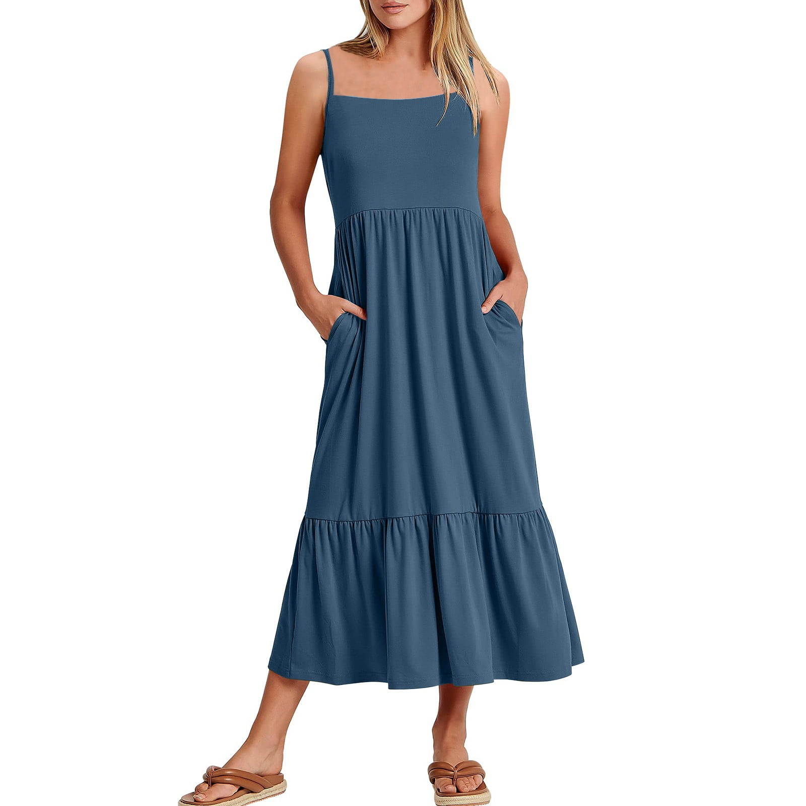 Finelylove Sundresse For Woman Dresses That Hide Belly Fat V-Neck Solid  Sleeveless Wrap Navy