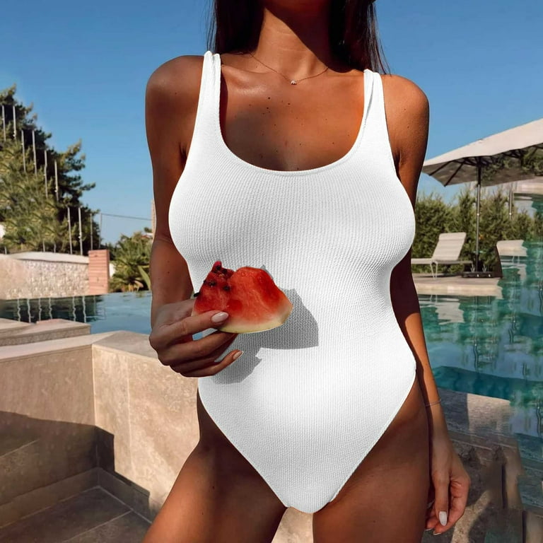 Finelylove Swimsuit Women Tummy Control Tummy Concealing Sport Bra Style  Bikini White S