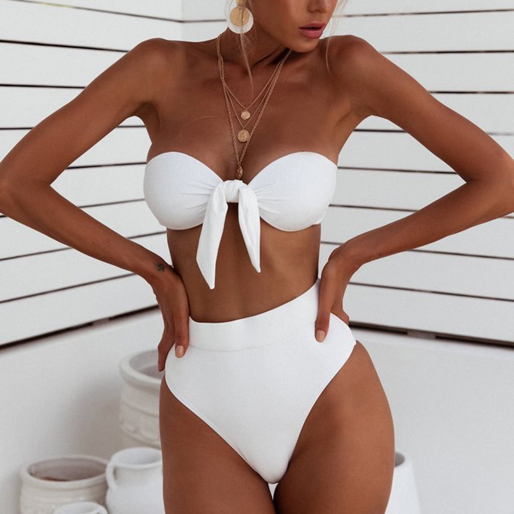 Finelylove Swimsuits For Big Busted Women Push-Up Bandeau Bra Style Bikini  White S 