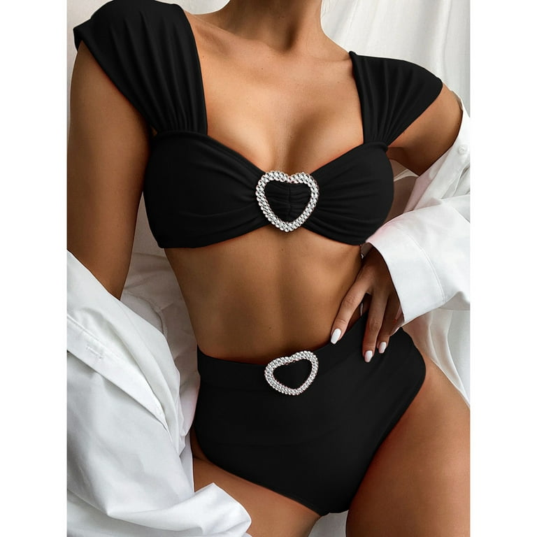 Finelylove Two Piece Swimsuit For Women Push-Up Sport Bra Style Bikini Black  S 
