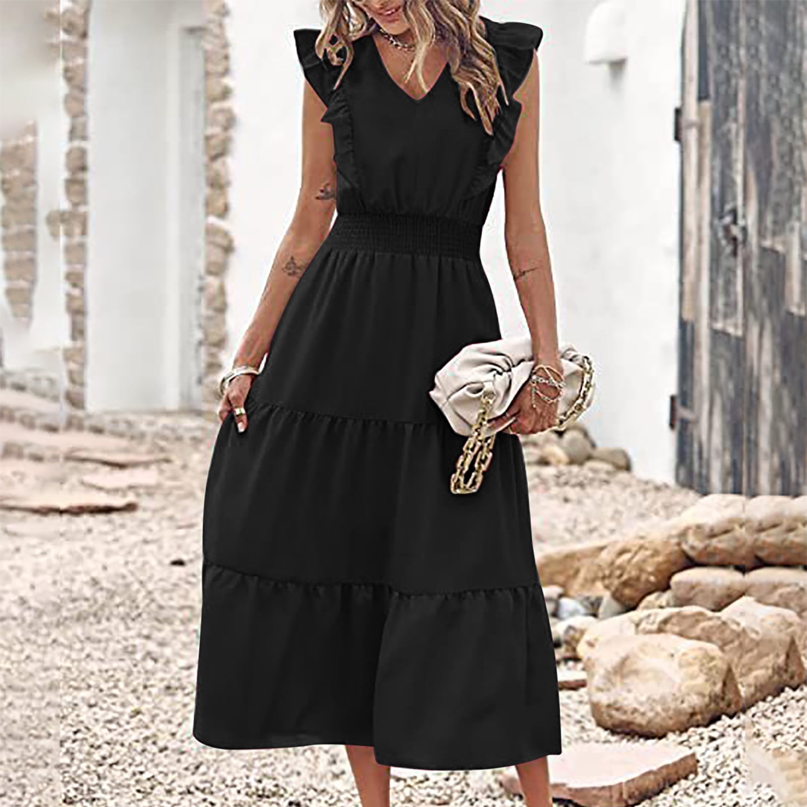 Finelylove Woman Petite Dresses Cocktail Dress V-Neck Solid Short Sleeve  Sun Dress Black 