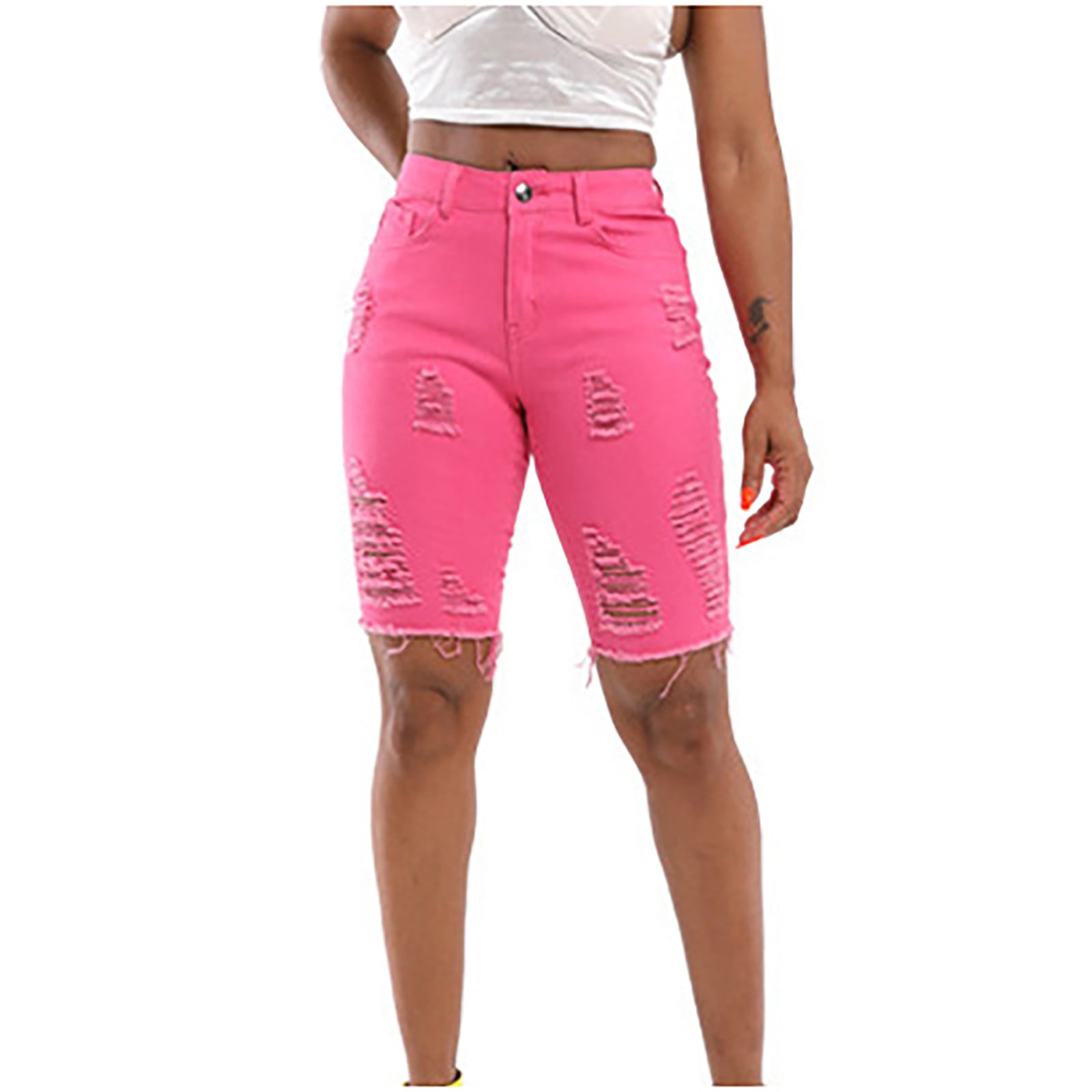 Finelylove Women'S Denim Shorts Shorts Under Dress For Women Jean High  Waist Rise Solid Pink XXL 