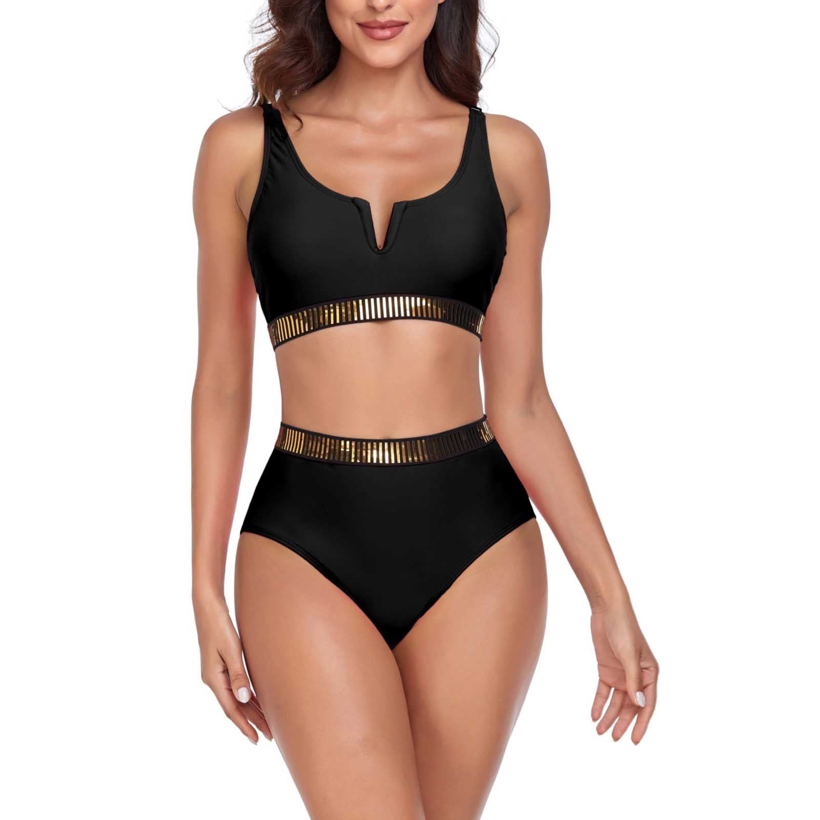 Finelylove 2 Piece Swimsuit For Women Padded Sport Bra Style Bikini Black XL  