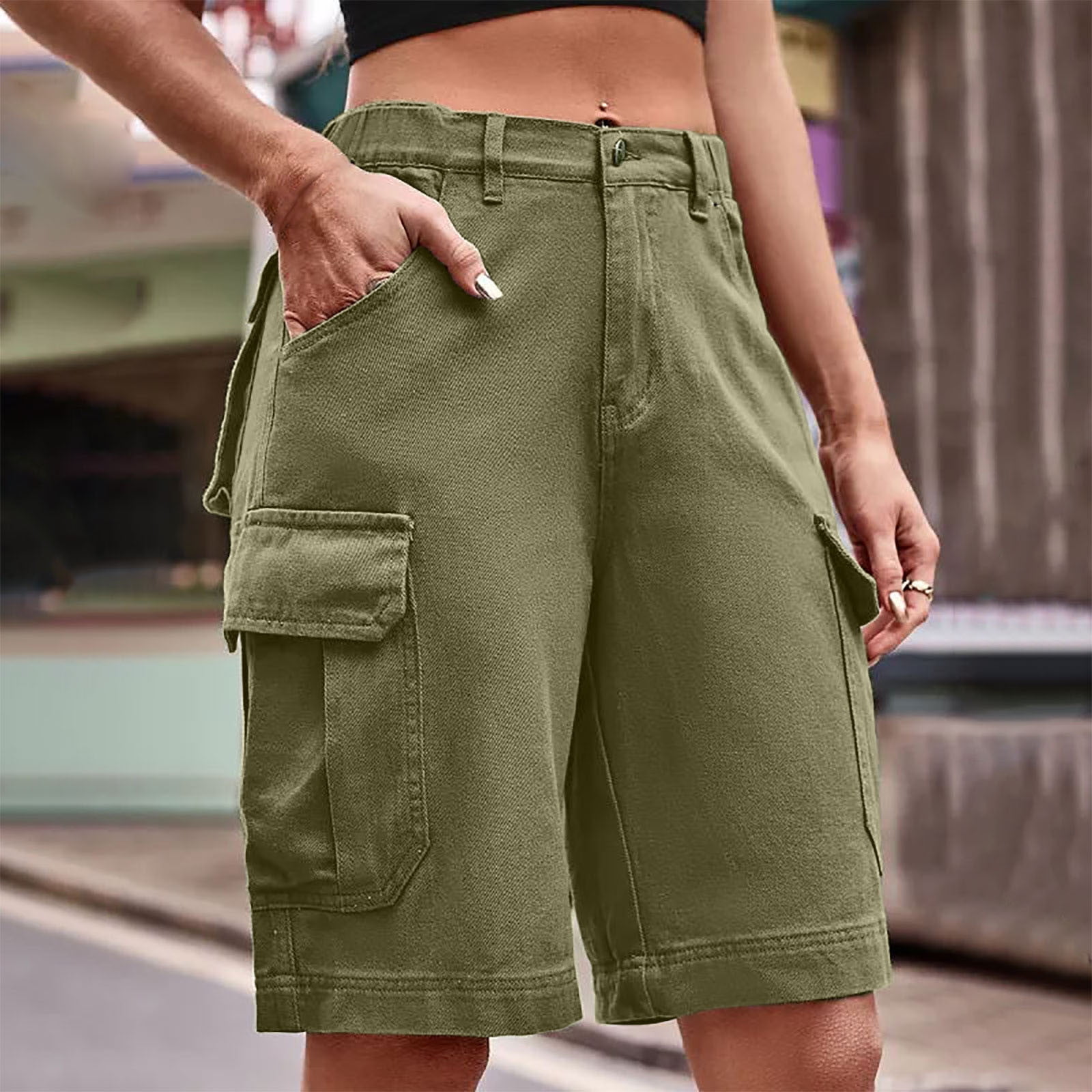 Finelylove Womens Cargo Shorts With Pockets Flow Shorts Cargo Mid Waist  Rise Solid Army Green XXL
