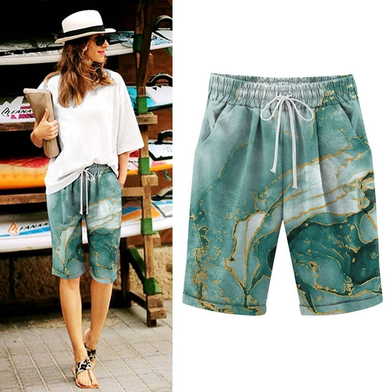 Finelylove Womens Shorts Casual Ladies Shorts 9 Inch Inseam Shorts High  Waist Rise Printed Green S