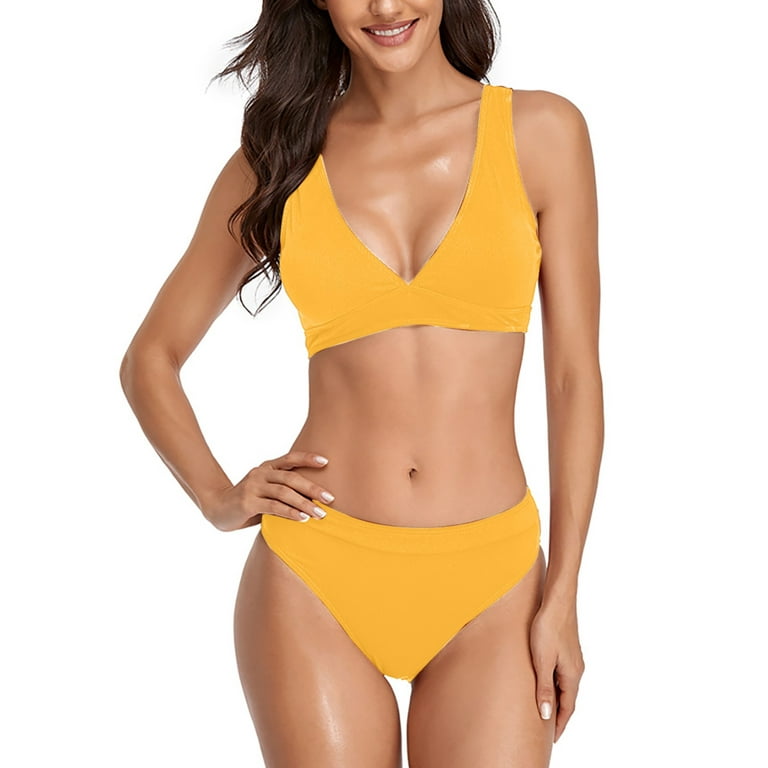 Finelylove Swimsuit Women Two Piece Padded Sport Bra Style Bikini Yellow S  