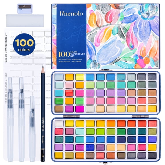 Finenolo 100-Color Watercolor Paint Set with Metallic Macaron Fluorescent Colors, Professional Grade Watercolor Paints for Artists Beginners Illustrators, Art Supplies Kit