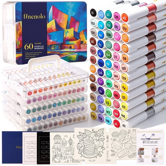 Finenolo Automatic Ink Control Acrylic Paint Markers,60 Colors Brush Tip Pens for Rock Painting,DIY & Art Supplies