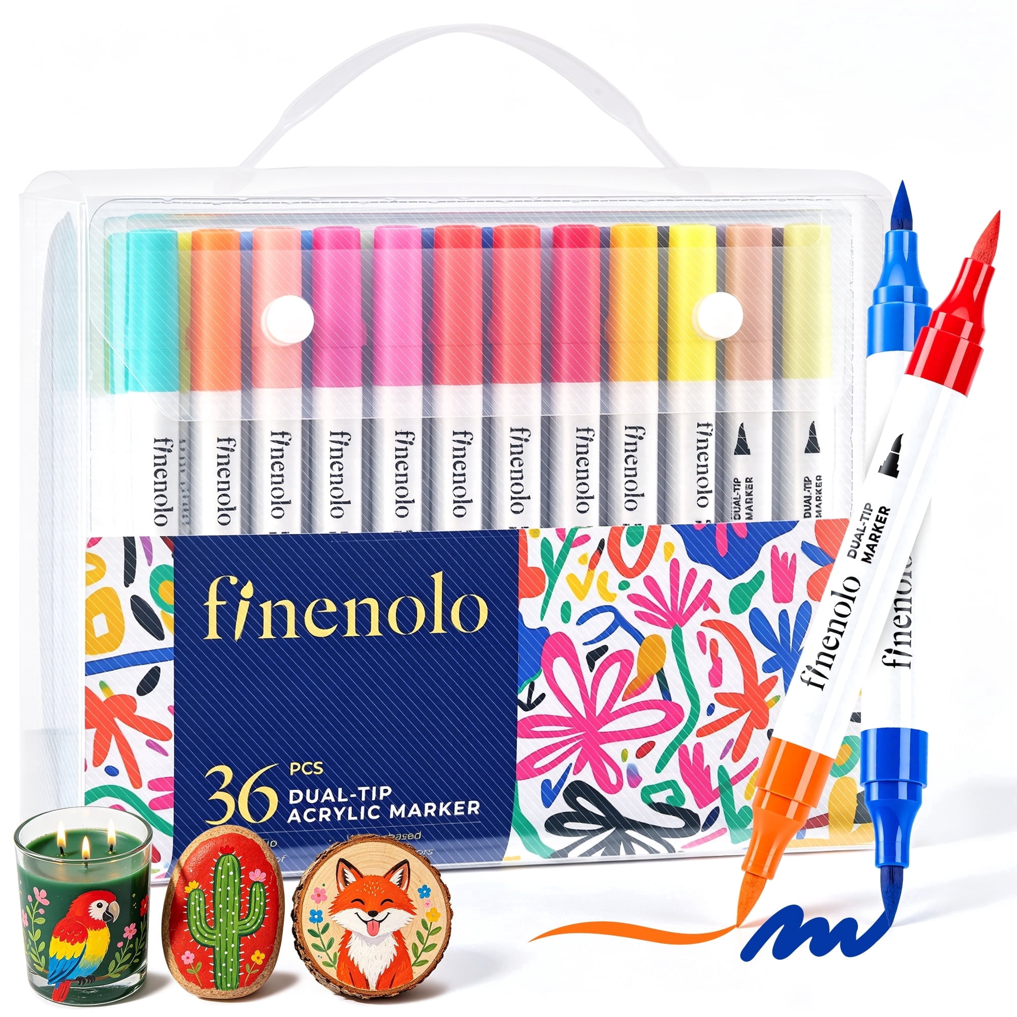 Finenolo 72 Colors Acrylic Paint Markers, Dual-Tip Brush and Fine, 36 Count Waterproof  Acrylic Markers for Wood, Stone, Canvas, Glass