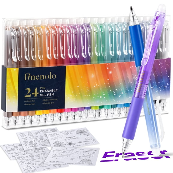 Finenolo Erasable Gel Pens, 24 Colors Retractable Gel Ink Pens, Fine Point, Assorted Color Inks with Eraser