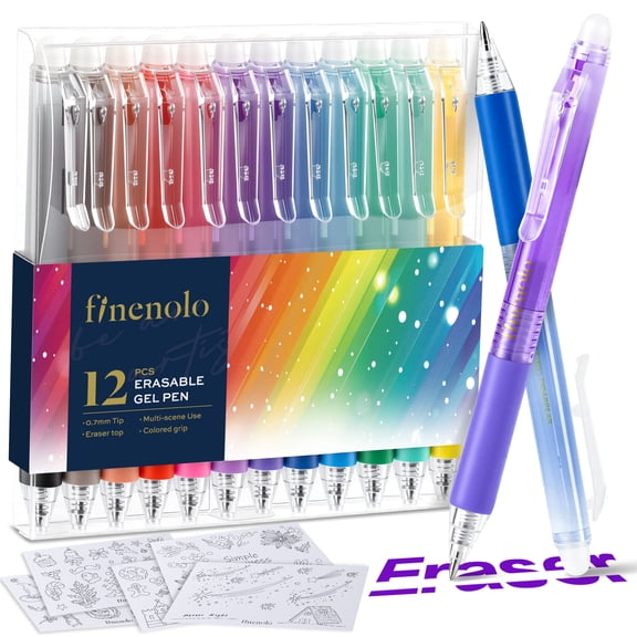 FINENOLO Erasable Gel Pens,12 Colors Retractable Gel Ink Pens, Smooth Writing Click Pens with Eraser Tip for Office,Journaling and Everyday Writing