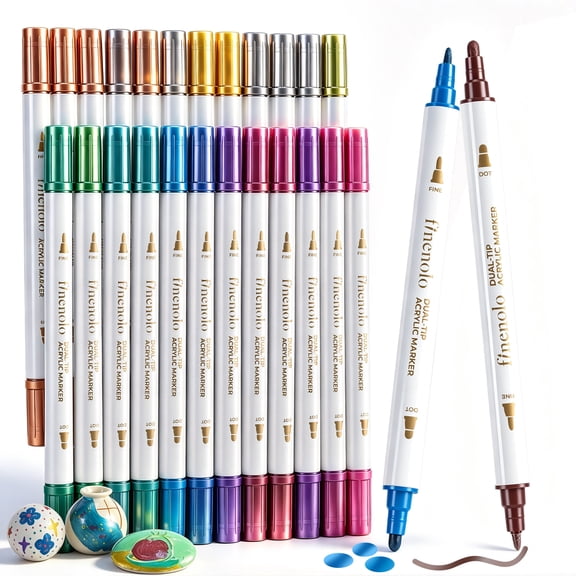 Finenolo 24 Metallic Colors Dual Tip Acrylic Paint Markers, Dot Tip and Fine Tip Acrylic Paint Pens for Rock Painting, Ceramic, Wood, Canvas, Plastic, Glass, Stone, Calligraphy, Card Making, DIY Craf