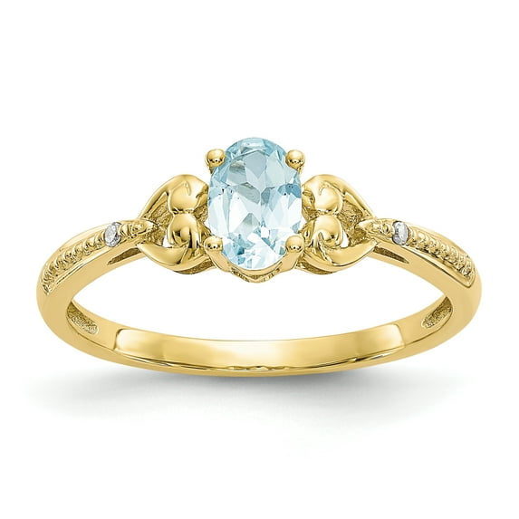 Finest Gold 10K Aquamarine & Diamond Ring, Size 7