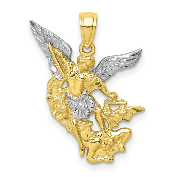 Finest Gold 10K Yellow with Rhodium Diamond-Cut with Rhodium Saint Michael Pendant