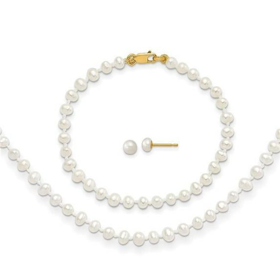 Finest Gold 14K 3-4 mm FW Cultured Pearl 14 in. Necklace, 5 in. Bracelet & Earring Set