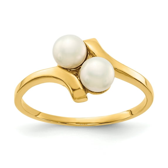 Finest Gold 14K 4-5 mm White Button Freshwater Cultured 2 Pearl Ring, Size 7