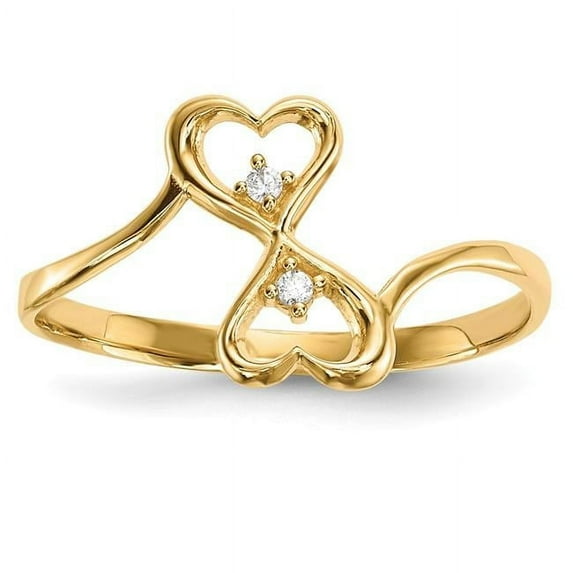 Finest Gold 14K CZ Double Heart Ring, Size 7