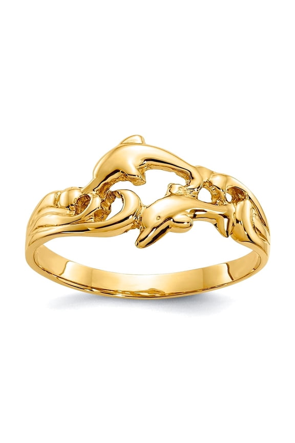 14k Yellow Gold Solid Polished Double Dolphins With Waves Ring Size 6.50 Band Style-Ring for Women