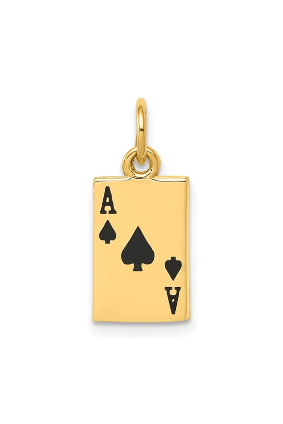 14k Yellow Gold Textured Polished Finish Black Enameled Ace of Spades Card Charm Pendant