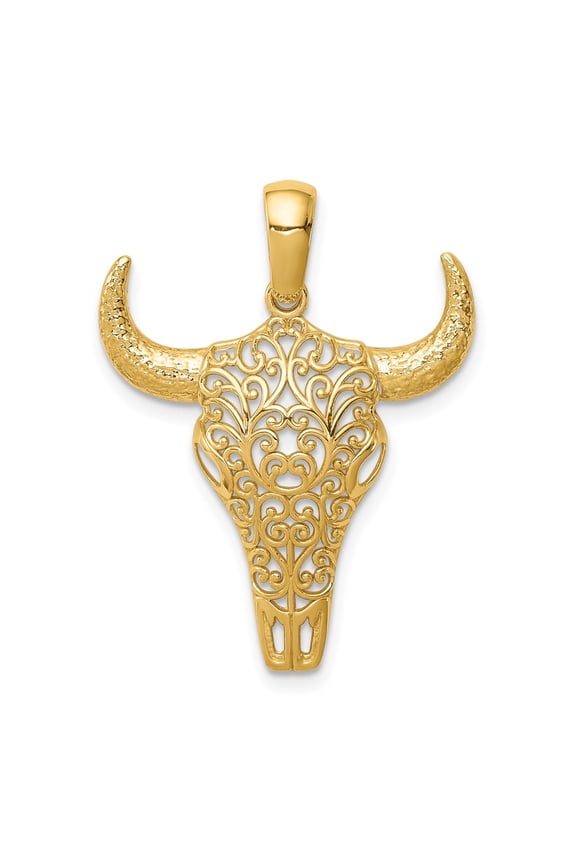 14K Yellow Gold Open Back Polished Finish Filigree Design Steer Skull with Horns Charm Pendant