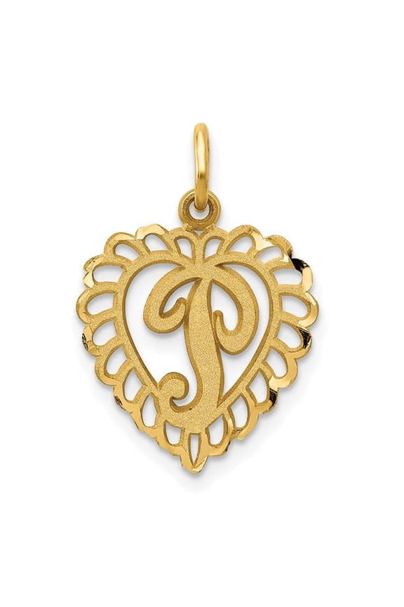 14k Yellow Gold Heart Shape Script Design Letter P Charm Pendant