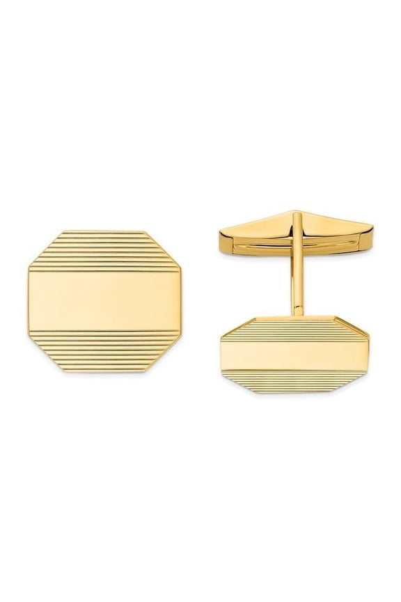 14 Karat Yellow Gold Men's Rectangular Octagon with Line Design Cuff Links