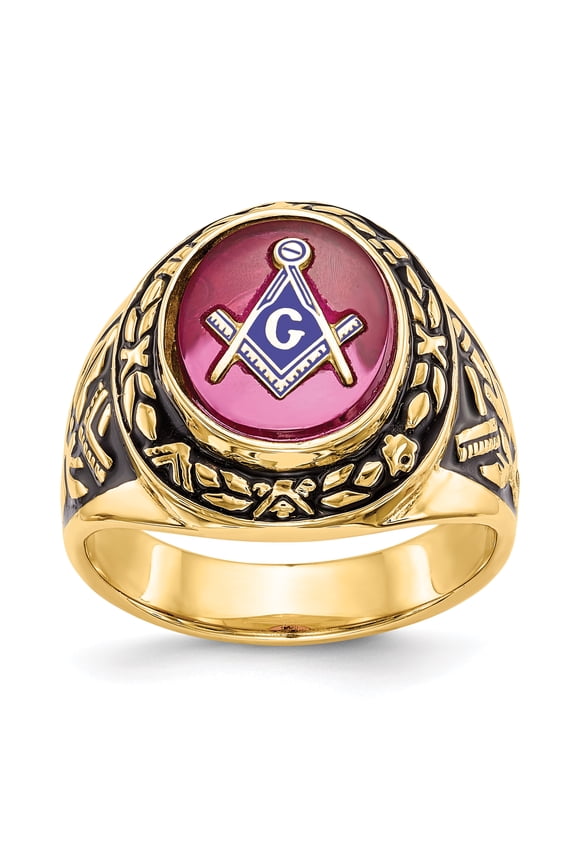 IB Goodman 14k Mens Polished Antiqued and Textured with Lab Created Ruby Masonic Ring Y4072M