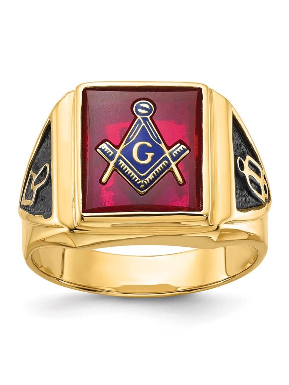 14k Men's Polished and Textured with Black Enamel and Lab Created Ruby Masonic Ring Y1576M