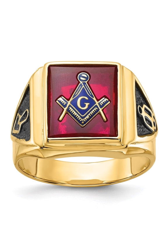 14k Men's Polished and Textured with Black Enamel and Lab Created Ruby Masonic Ring Y1576M