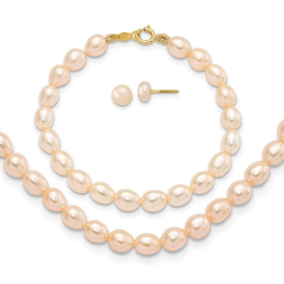 14k 3-5mm Semi-Round Pink Freshwater Cultured Pearl 12 inch Necklace, 5 inch Bracelet and Post Earring Set XF400SET