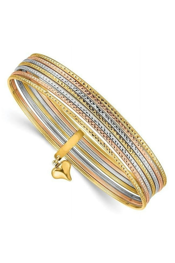 14K Tri-Color with Dangle Heart Oversized Textured Slip-On Bangle Bracelet - Set of 7