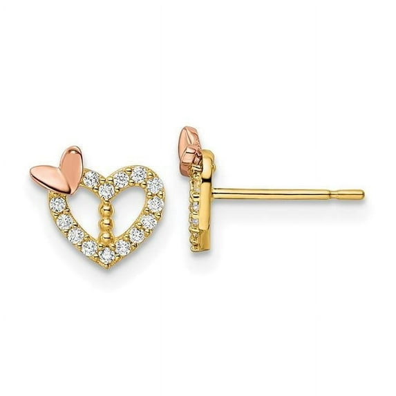Finest Gold 14K Two-Tone CZ Heart with Butterfly Post Earrings