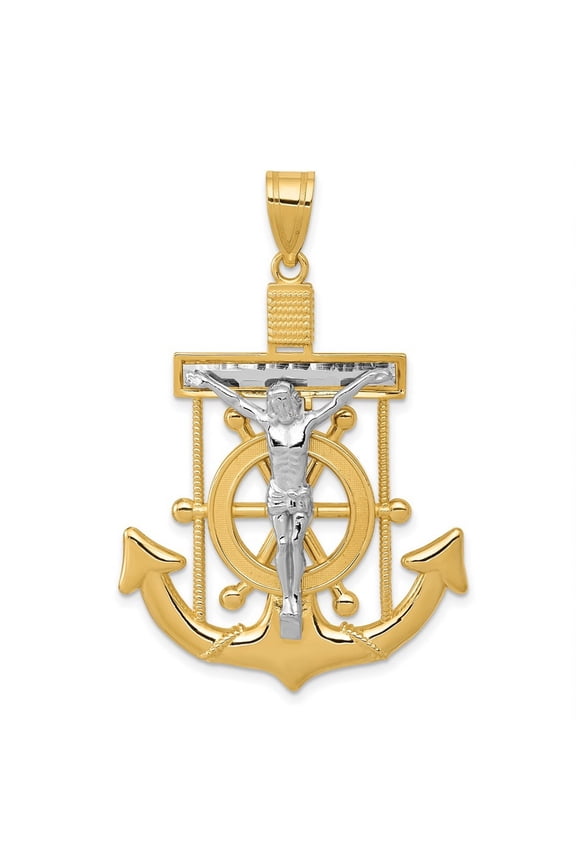14k Two Tone Solid Textured Polished Gold Sparkle Cut Mariners Religious Faith Cross Pendant Necklace Measures 34.1x51.3