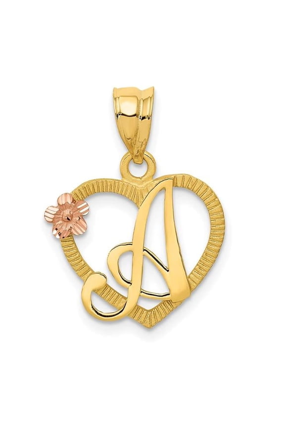 14k Two Tone Gold Heart Flower Design Script Letter A Initial Charm Pendant