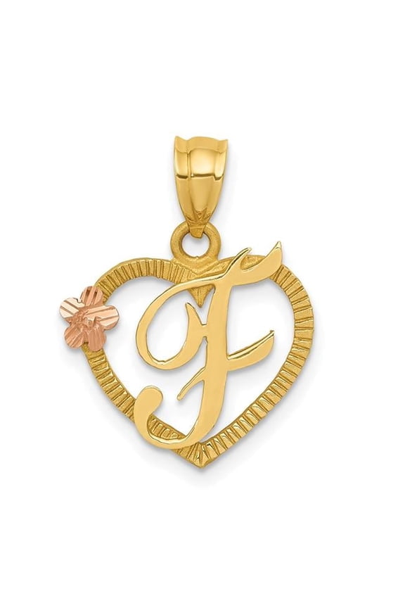 14k Two Tone Gold Heart Flower Design Script Letter F Initial Charm Pendant