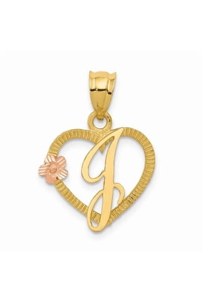 14k Two Tone Gold Heart Flower Design Script Letter J Initial Charm Pendant