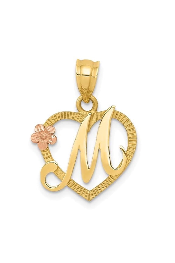 14k Two Tone Gold Heart Flower Design Script Letter M Initial Charm Pendant
