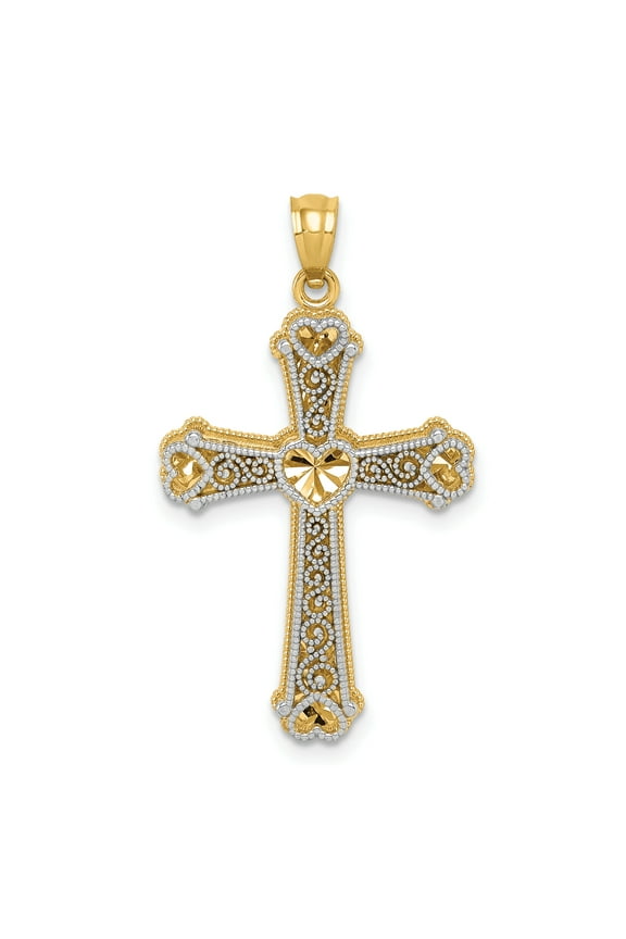 Finest Gold 14K Two-Tone Hearts Cross Pendant
