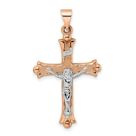 Finest Gold 14K Two-Tone Rose & White Gold Polished Fleur De Lis Inri Hollow Crucifix Pendant