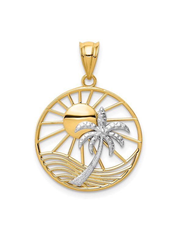 14K Two Tone Gold Concave Shape Sun with Palm Tree Design Pendant