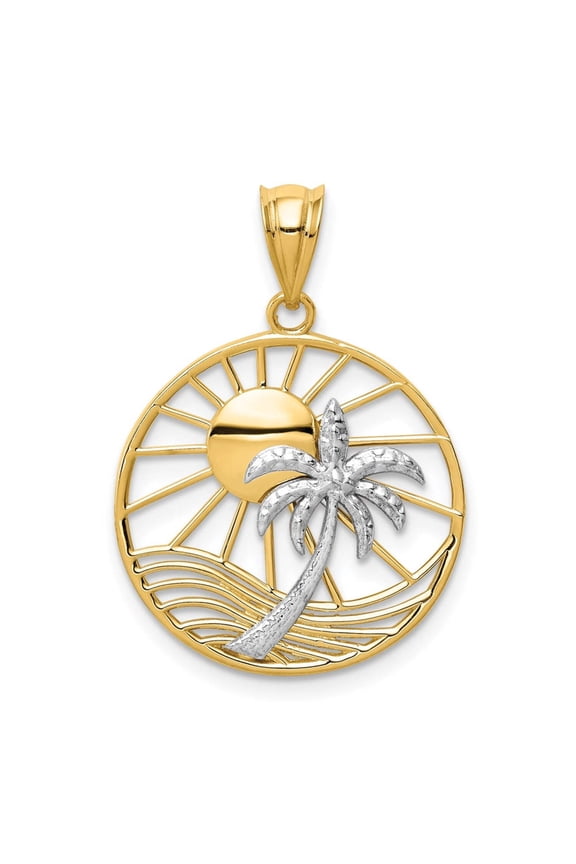 14K Two Tone Gold Concave Shape Sun with Palm Tree Design Pendant