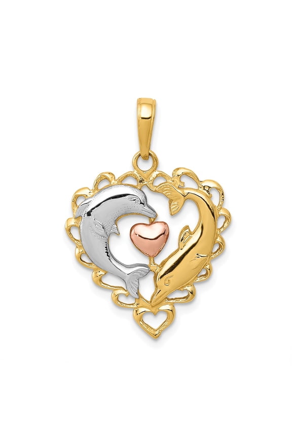14K Yellow Gold White Rhodium Two Dolphins In Heart Shape Design Charm Pendant