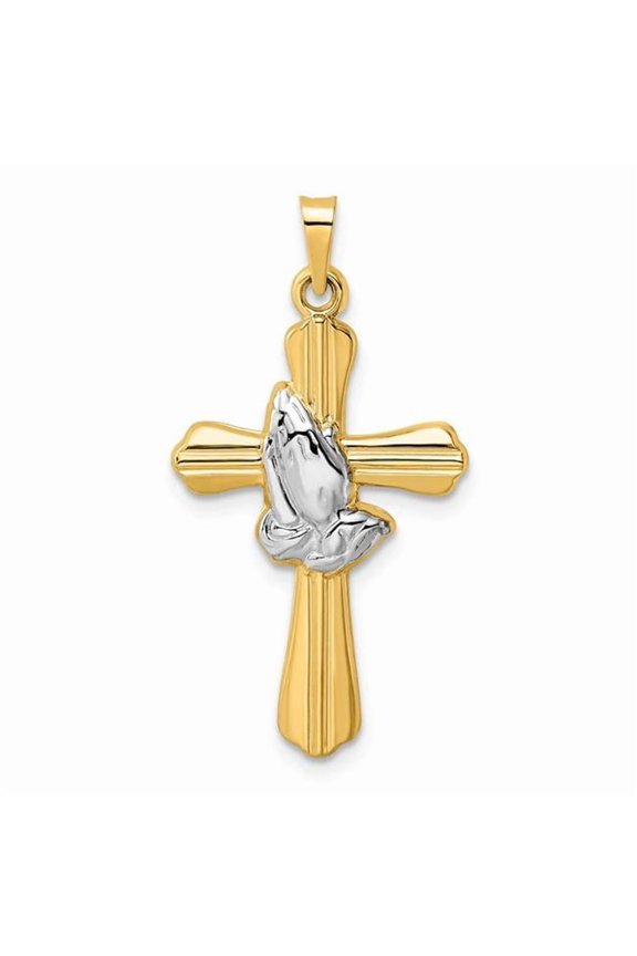 14k Yellow & Rhodium Polished Hollow Praying Hands Cross Pendant