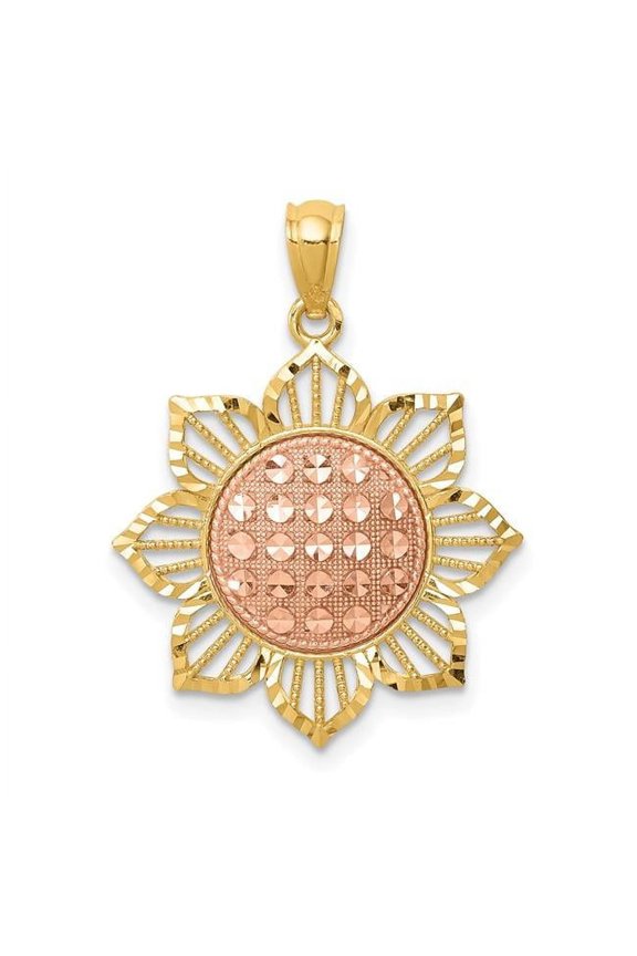 14K Two-Tone Gold Solid Polished Finish Diamond-cut Sunflower Charm Pendant